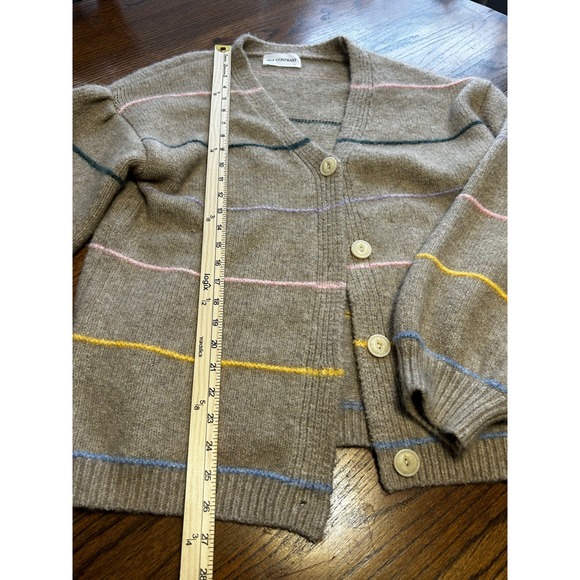 Self Contrast Striped V-Neck Cardigan Sweater Tan Multi Large Balloon Sleeve - Picture 3 of 7